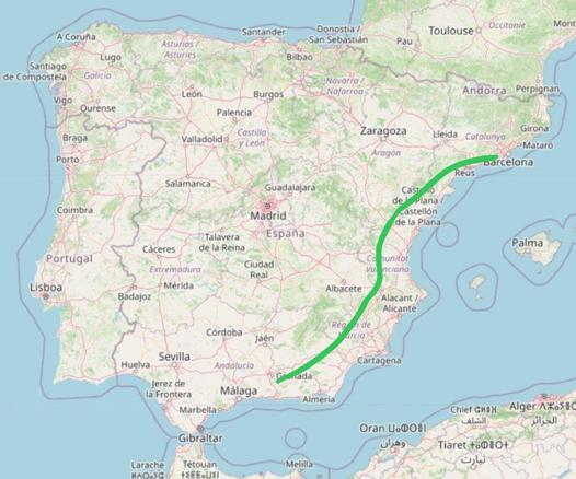 Mapa de España con una línea verde dibujada por mí que va de Granada a Barcelona por la costa mediterránea.