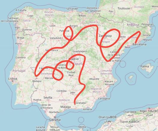 Mapa de España con una línea roja dibujada por mí que va de Granada a Barcelona, pero esta vez pasa por Madrid, da dos o tres vueltas, llega a Badajoz, luego sube y hace un bucle en Palencia, luego otra revuelta en Zaragoza y por fin tras un desvío más llega a Barcelona.