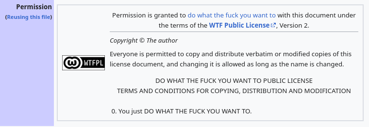 Screenshot of a permission notice granting use of the document under the WTF Public License Version 2, whose sole condition reads, “You just DO WHAT THE FUCK YOU WANT TO.”