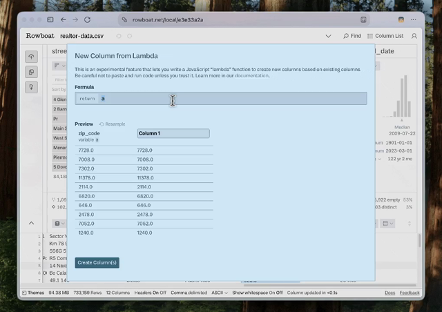 Using a short function in the Rowboat UI to add zeroes to the front of ZIP codes.
