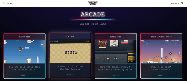 White House website page titled ARCADE with the subtitle Select Your Game, showing a top bar with Menu, The White House logo, and Search. Four retro game cards are labeled FLAPPY BILL, RIO RUN, SUPPLY LINE, and TRUMP SAVINGS TYCOON, with captions like Fly the bald eagle down the National Mall and Border patrol along the Rio Grande.