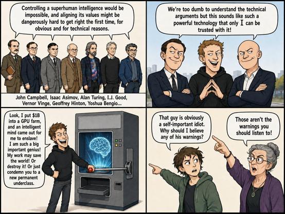 A comic about AI: 

Panel 1, AI experts: Controlling a superhuman intelligence would be impossible, and aligning its values might be dangerously hard to get right the first time, for obvious and for technical reasons.

Panel 2, Techbro CEO's: We're too dumb to understand the technical arguments but this sounds like such a powerful technology that only I can be trusted with it!

Panel 3, Techbro CEO: Look, I just put $1B into a GPU farm, and an intelligent mind came out for me to enslave! I am such a big important genius! My work may save the world! Or Destroy it! Or just condemn you to a new permanent underclass.

Panel 4, Regular Guy, pointint at techbro CEO: That guy is obviously a self important idiot, why should I beleive any of his warnings?

Panel 4, Wise Old Lady, pointing at first panel: Those aren't the warnings you should listen to!