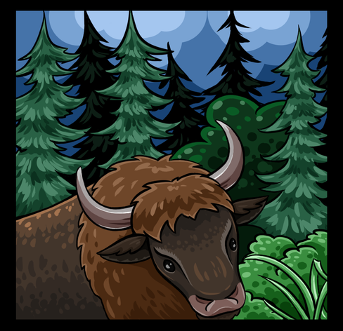 Cartoon style, thick line drawing of an European bison behind the forest, with half-dark cloudy sky in the background. Only front half of bison's body, without legs, is fitting in the frame, bur this brown body is covering big part of the picture. The forest is mostly coniferous, with small exceptions. The further are trees the darker green they are.