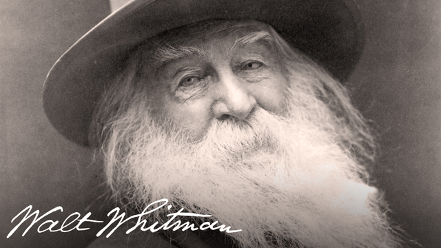 Black-and-white portrait of an elderly bearded man wearing a wide-brimmed hat, with the signature Walt Whitman across the bottom.