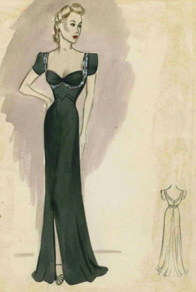 A vintage fashion plate from the 1940's, showing an unnaturally slim blond woman with victory roll hair.

The dress is black with has a strong shoulder with square short sleeves, and a small amount of decorative seams at the waist, indicating this is a late 30's or early 40's design, though 40's by the length of the hair. There is a knee length slit at center front. 

The neckline is a plunging, wide, deep sweetheart neckline, gathered at the middle to make it very low. 

There is a narrow strap of beadwork holding up the sleeves. The beadwork continues down the side of the dress, curving under the bust, creating a boob shelf. The beadwork meets at the center under the bust gathers, into a point.

All you can do is stare at the drawing's boobs.