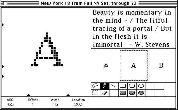 The bitmap font editor panel from ResEdit, running on original Mac OS.