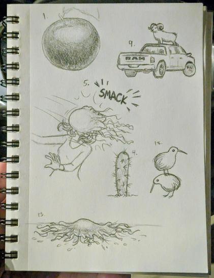 Several pencil drawings in a sketchbook, based on some daily prompts from the Inktober 2026 list (but in a random order). 

1. (Apple) A round apple that ended up being kind of a lighting study with pencil shading

9. (Ram) A ram (sheep) standing atop a Ram (pickup truck)

5. (Smack) A jellyfish has been flung at a woman's face; she recoils as it envelops the front of her head with a loud "SMACK"

4. (Cactus) A very simple cylindrical shape, like that of a cucumber, poking out of the ground and having spiky needles on its surface

18. (Flightless) A kiwi bird standing atop another kiwi bird

13. (Flimsy) A jellyfish has fallen onto the ground, splayed out and flattened.