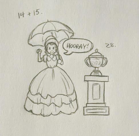 Another pencil drawing combining prompts 14 (Lady), 15 (Hooray), and 28 (Trophy). There's a woman in a wide Victorian (or Edwardian?) style dress holding a parasol; she's raising one fist up in a mild display of celebration, saying "Hooray!" Next to her is a pedestal with a trophy on it.
