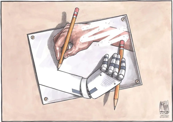 A take on MC Escher's artwork "Drawing Hands".

In the original, two hands, one right, one left, come to life from the paper on which they are drawn, to draw each other.

In this variation, one of the hands is human and drawing the other, whereas the other hand is robotic and holding the other end of the pencil to erase the human hand.