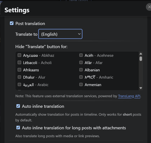 settings of Phanpy, you can turn on full translation mode