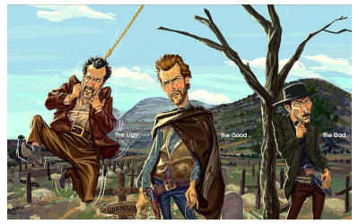 Illustrated scene inspired by a Western, showing three stylized gunslingers in a cemetery landscape. One man hangs awkwardly from a noose at left, a poncho-clad gunman stands in the center, and a black-clad man in a wide-brimmed hat stands beside a leafless tree at right. Small labels identify them as “the Ugly,” “the Good,” and “the Bad.”