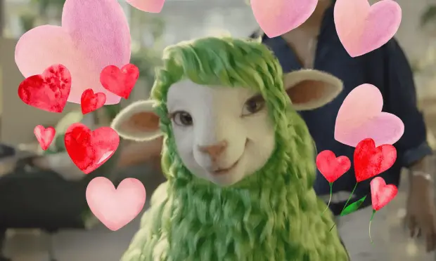 A picture of 'Buck,' Kiwibank's sheep mascot, who is apparently female and has green wool, cute ears, big eyes, an enigmatic smile and a decidedly come-hither look in her eyes.