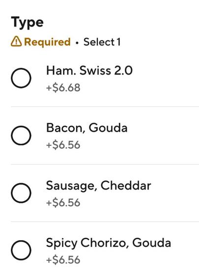 Doordash screenshot, showing the sandwich options at Aroma Joe's. the first option is labelled "Ham. Swiss 2.0"