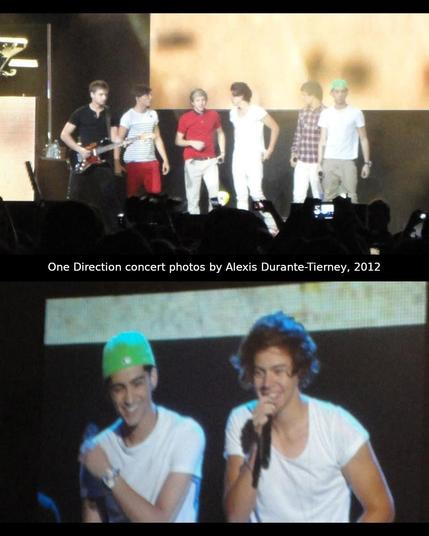 Two 2012 One Direction concert photos: the group on stage and a video screen close-up
