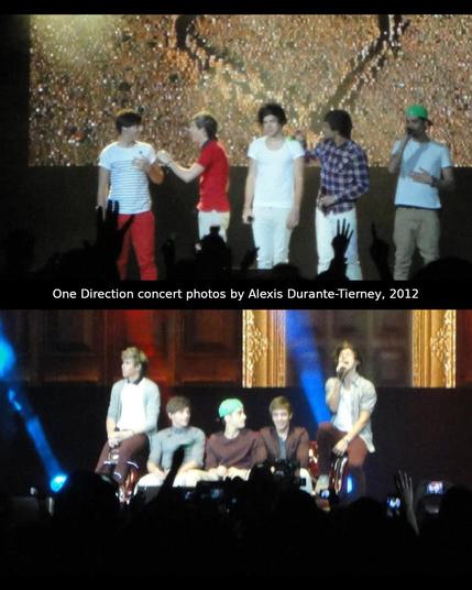 Two 2012 One Direction concert photos: the group standing on stage and seated on a couch