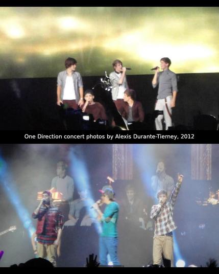 Two 2012 One Direction concert photos: members singing in hazy stage lighting