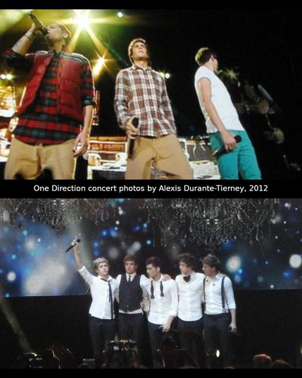 Two 2012 One Direction concert photos: a low-angle shot and the group in white shirts