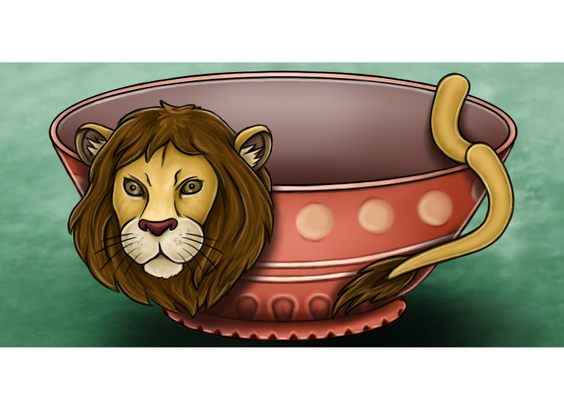 Cartoon style drawing of a ceramic bowl with lion's head on one side and tail on opposite one. The bowl is red, darker in lower part and brow inside. It has outside patterns of big orange/beige dots, two lines around and smaller dark red dots near the bottom. Lion's head has slightly confused facial expression. There is blurry green background behind the bowl.