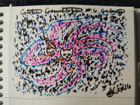 A drawing with a cat head at the center and a spiral galaxy flowing it around it in pinks and purples with blues and black around it.