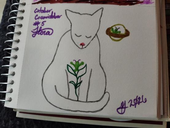 A drawing of a kitty with one airplane ear looking down at a plant with a tiny green alien in it. Behind the kitty is a tiny spaceship with a scared alien looking down at them both.