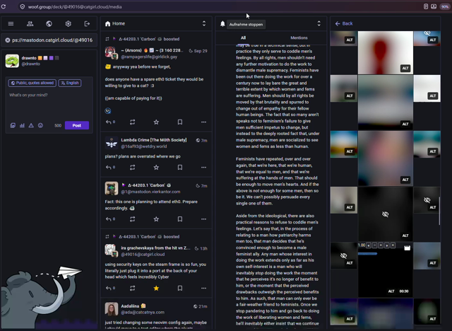 Showing the 4 collomn view of the mostly vanilla mastodon instance i am on with someones profile open to the galerie page and that galery page flickering.