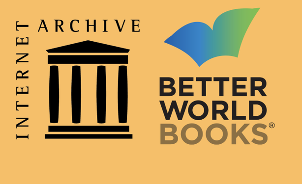 Internet Archive logo beside the Better World Books logo, a blue-to-green winged book icon above the text "Better World Books," on a mustard-yellow background.
