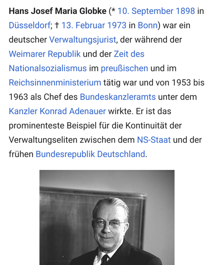Screenshot Wikipedia-Artikel zu Globke: "Er ist das prominenteste Beispiel für die Kontinuität der Verwaltungseliten zwischen dem NS-Staat und der frühen Bundesrepublik Deutschland."