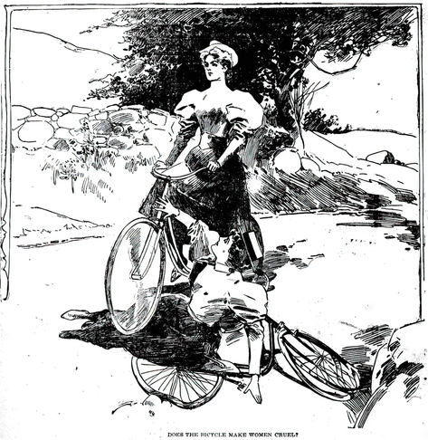 a late 1800s drawing of a woman riding a bicycle over the top of another woman who has been cast to the earth, her bicycle in shambles.  the picture is captioned "do bicycles make women cruel"