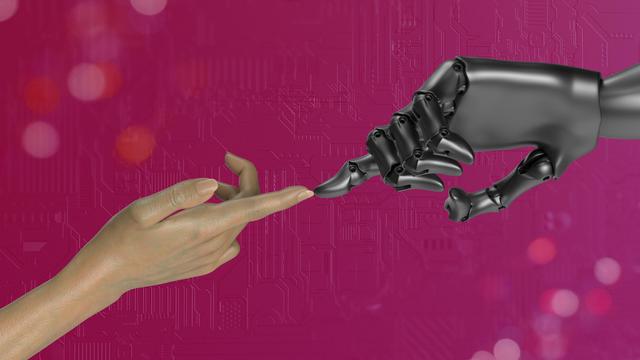 a human hand touching the finger of a robot hand, on a pink background. Photo by Igor Omilaev on Unsplash