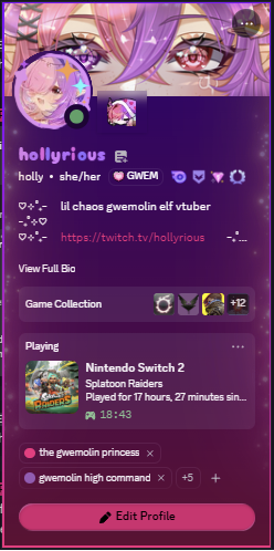 My discord profile showing that I'm playing Splatoon Raiders on the Switch 2, with total playtime (17h27m) and current time (20m)