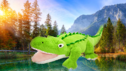 same mountain lake now with added stuffed alligator toy for Fake Placid