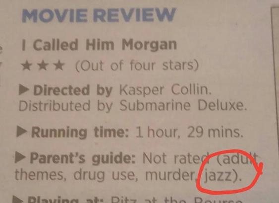MOVIE REVIEW
I Called Him Morgan
*** (Out of four stars)
• Directed by Kasper Collin.
Distributed by Submarine Deluxe.
• Running time: 1 hour, 29 mins.
• Parent's guide: Not rated (adult themes, drug use, murder, jazz).

[JAZZ circled in red]