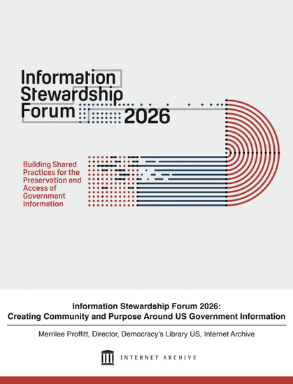 Information Stewardship Forum 2026 cover with red and blue dot and line graphic, Internet Archive