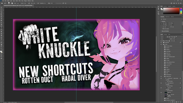 white knuckle video thumbnail with the logo in the top left quadrant, my model on the right, and subtext "new shortcuts" "rotten duct" "hadal diver" all in the exact same font that i found myself because my brain hasn't melted out of my ears
