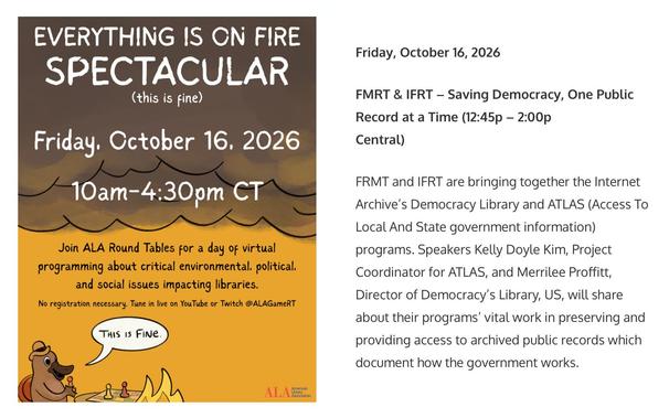 Poster for ALA’s Everything Is On Fire Spectacular, Oct 16, beside text about an FMRT & IFRT session