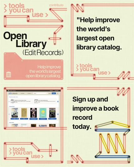 Cream graph-paper graphic with decorative pink line art and "contribute" wordmark, plus a pink ">" chevron tagline reading "tools you can use." Bold black text reads "Open Library (Edit Records)." Below, a pink folder icon with the Internet Archive logo and white text: "Help improve the world's largest open library catalog."