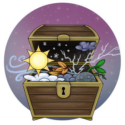 Cartoon style drawing of an old-school treasure chest with open lid and big, visible keyhole. There are weather, seasons and sky-related objects inside: miniature Sun and Moon, fresh sprouts, brown Autumn leaves, white and gray clouds, rain and snowflakes, lightning and wind waves. Some of them visibly try to spread outside. As a background there is purple and blue gradient circle with small stars.