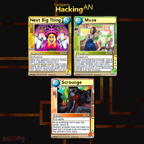 The three cards from my 2025 set: Next Big Thing, Muse, and Scrounge
