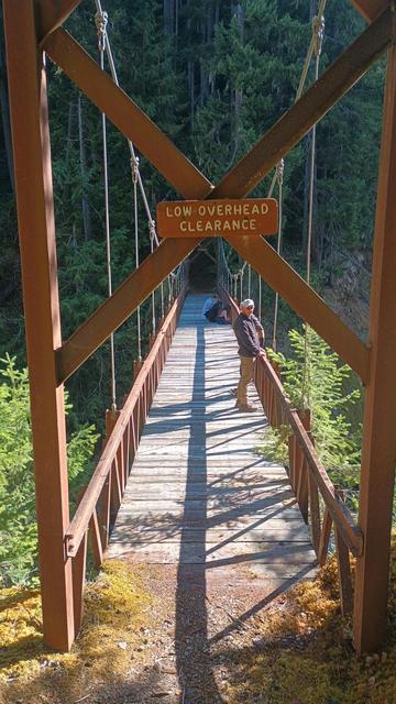 A steel suspension bridge with a wooden deck in a steep forested canyon.