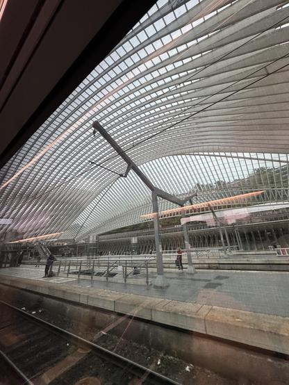 Wide angle view if Liége central station main arched roof. Fishbone steal/concrete structure with a glas panel roof. Breathtaking.