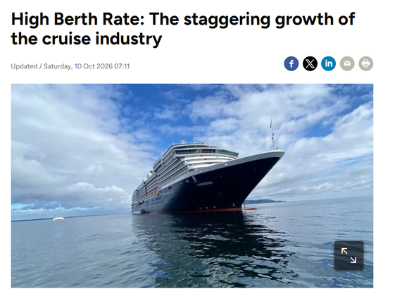 A photo of a large cruise liner at anchor in calm waters with a tender alongside. The headline above the photo reads "High Berth Rate: The staggering growth of the cruise industry".

Berth is spelled B-E-R-T-H.