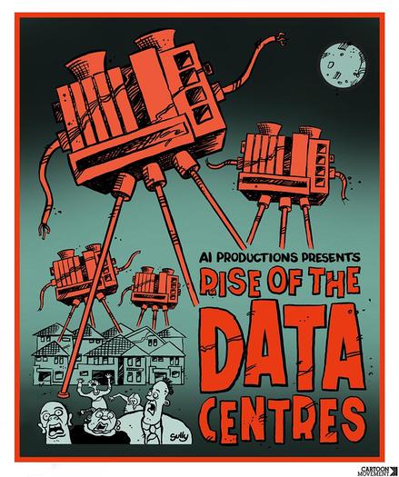 Movie poster-style cartoon of giant red, tripod-legged data‑centre machines stomping over a suburban neighborhood as terrified residents flee, captioned with the bold headline ‘AI Productions Presents: Rise of the Data Centres’.