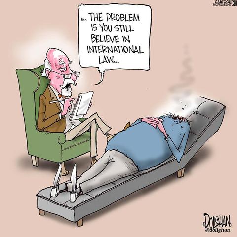 Satirical cartoon of a psychiatrist in an armchair telling a man on a couch whose head has been blown off (and now only has a smoking neck hole), "…The problem is you still believe in international law…"