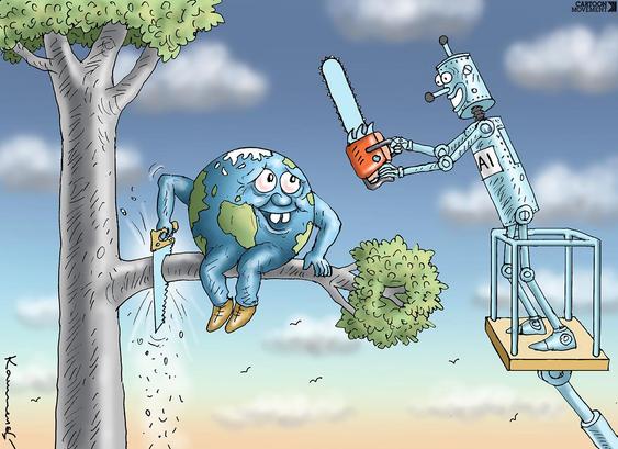 Cartoon showing a personified Earth sawing off the branch it sits on while a robot labeled "AI" in the bucket of a cherry picker, offering a chainsaw, illustrating technology accelerating humanity’s self-destructive nature.