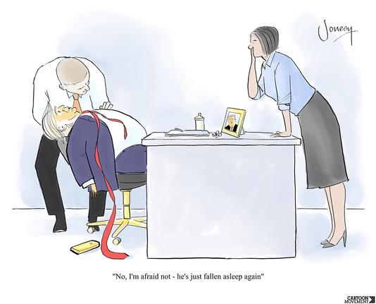 Cartoon showing Donald Trump slumped backward in an office chair asleep with his red tie trailing; a man checks him while a woman at the desk looks on. The man says, 'No, I'm afraid not — he's just fallen asleep again'.