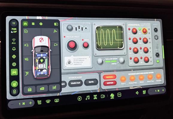 Display screen laid out like a control panel from Ghostbusters. The car, viewed from above on the left side of the screen, is made to look like Ecto 1. There are various buttons that play important sound effects from the movie, start a light show (while in park), play the Ghostbusters theme song. Icons for the actual car are in slime green. Apparently Bill Murray recorded a message somewhere but I haven’t found it yet.