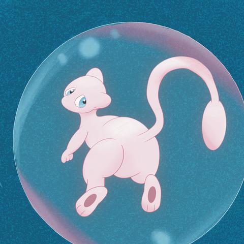 a drawing of Mew looking back at the viewer, inside of a bubble on a blue background