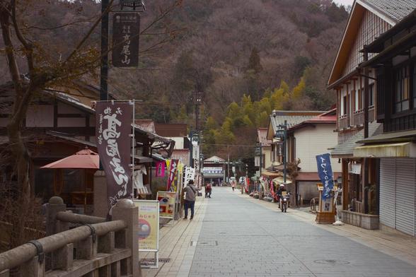 Street with olden days looking Japanese buildings. Brown vibe.
