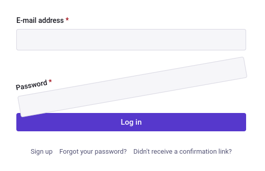 screenshot of a typical login form with fields for e-mail address and password, and a login button. the password field has been rotated by 10 degrees, tilted downwards on the left side. the whole form looks very silly.