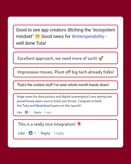 Screenshots of kind feedback received with the announcement of the Tuta and Nextcloud integration.